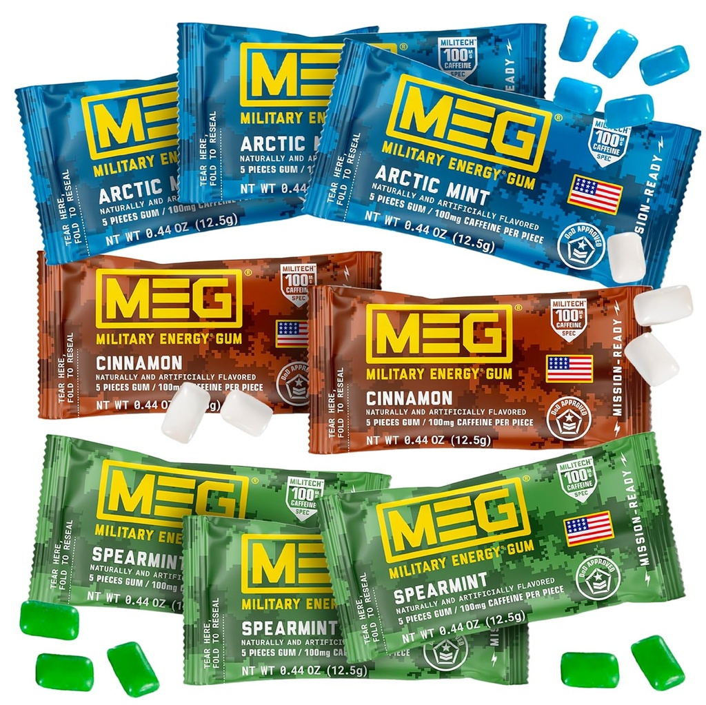 MEG - Military Energy Gum | 100mg Koffein pro Stück + Erhöhen Energie + Erhöhen körperliche Leistung + Multi Flavors der arktischen Minze, Spearmint, & Cinnamon + 8 Packungen (40 Zähler)