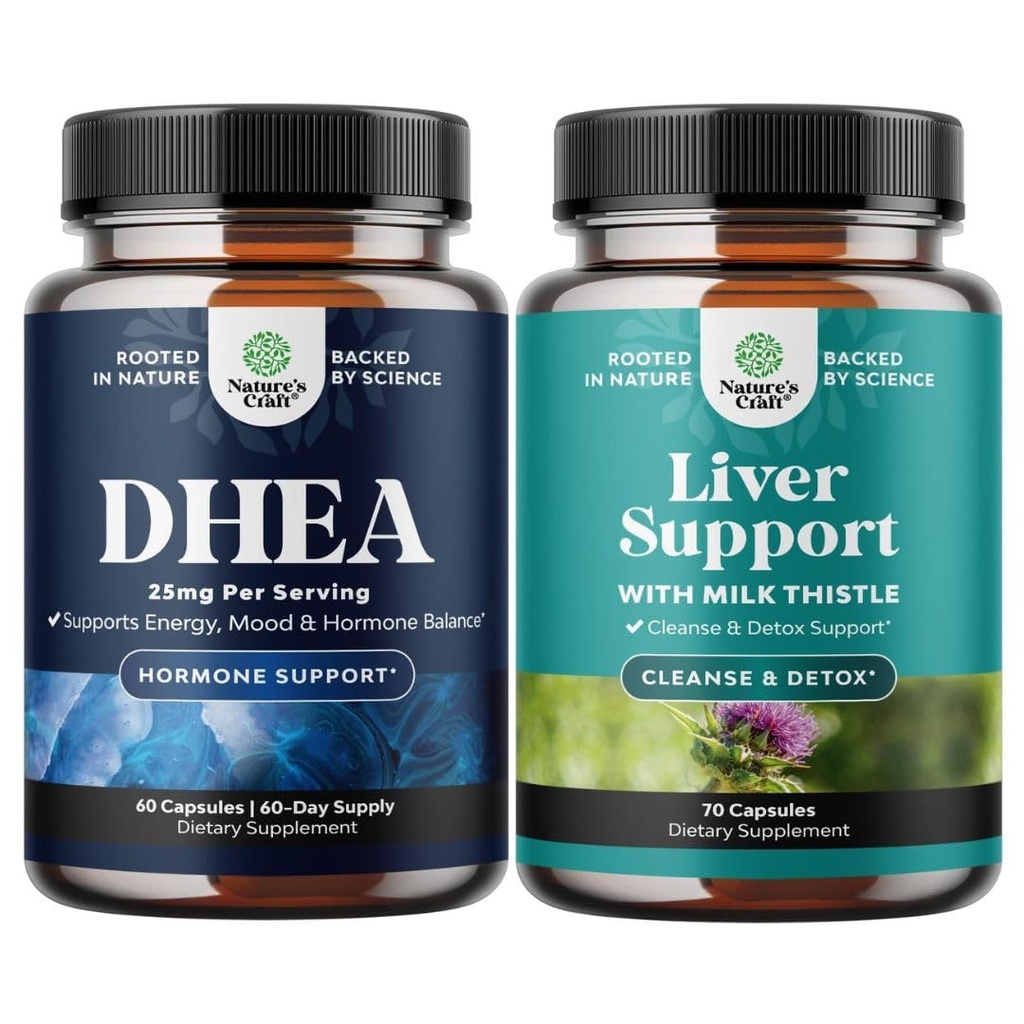 Ensemble de supplément DHEA pour les femmes et les hommes - pur DHEA 25mg pour l'équilibre hormonal - Déhydroépiandrostérone et le foie nettoyer la désintoxication et la réparation - supplément de chardon de lait pour la digestion et la santé immunitaire