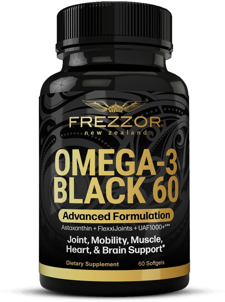 FREZZOR Omega 3 Schwarz für Joint Care & Comfort - Neuseeland Green Lipped Mussel Öl Kapseln; 53x Höhere Potenz mit UAF1000+ Super Antioxidant, No Fishy Nachgeschmack, 1-Pack, 60 Softgels