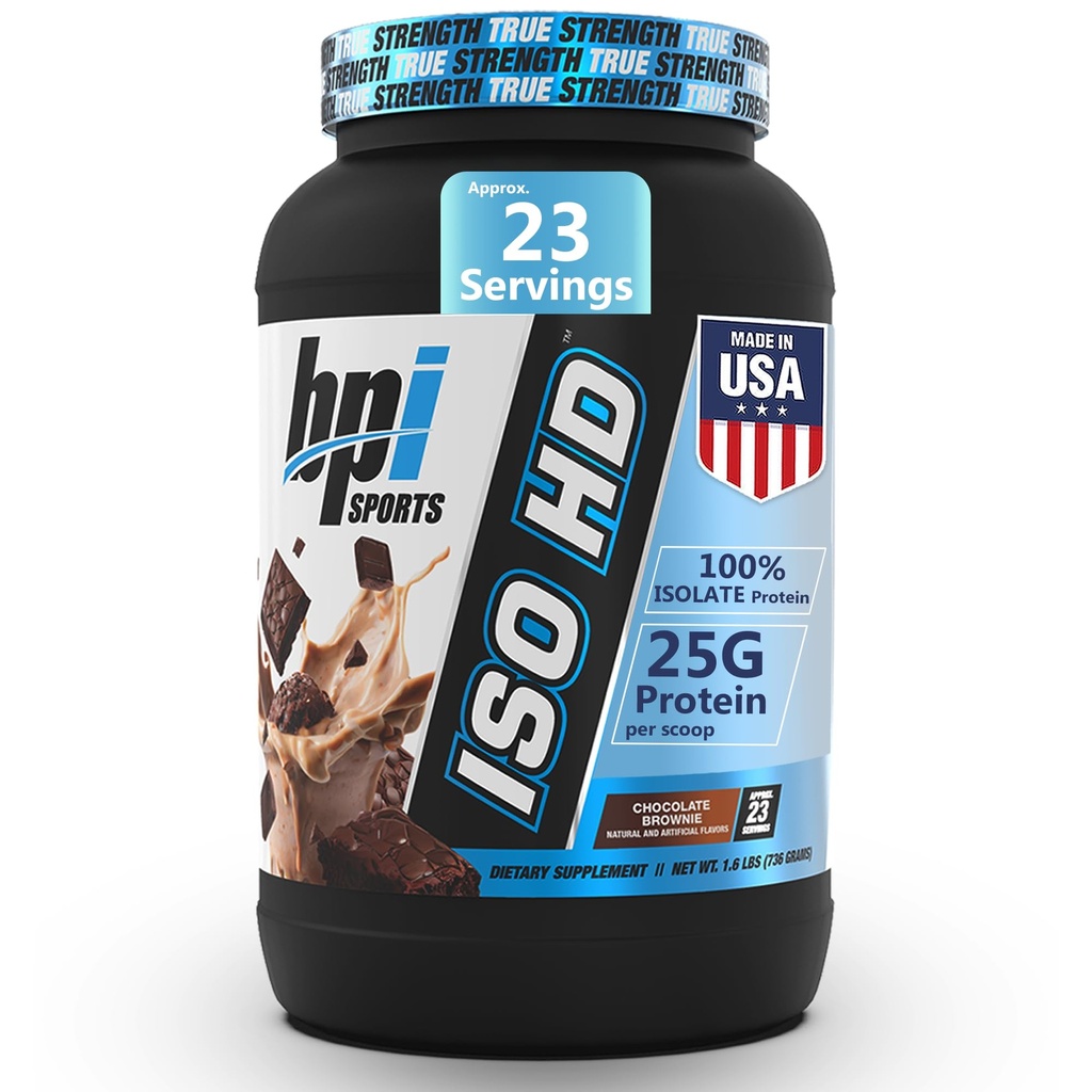 BPI Sports en poudre de protéines Isolate ISO HD – 100 % d'isolat de lactosérum, poudre de protéines pour le gain musculaire - Chocolat Brownie - 1,6 Lb - 23 portions