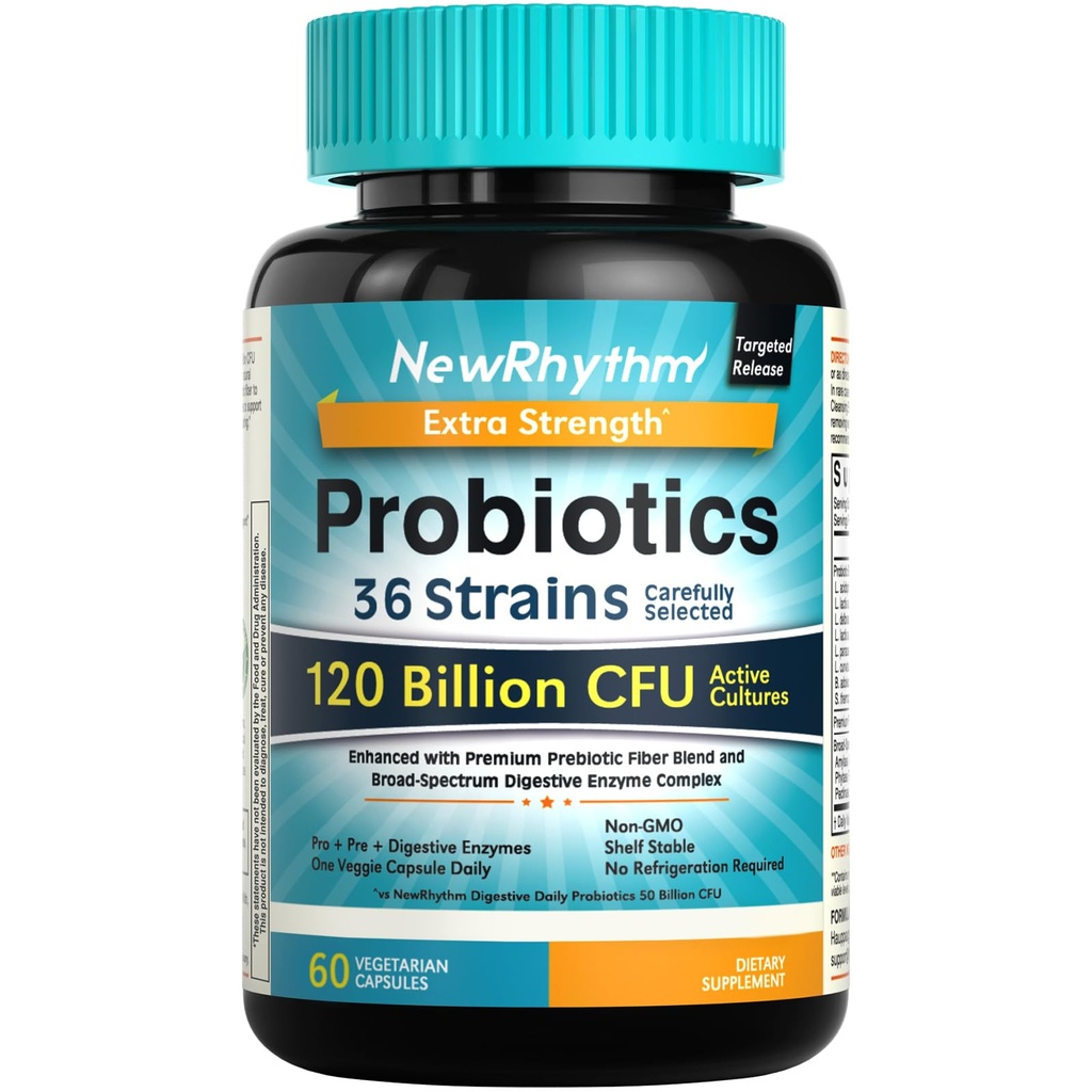 NouveauRhythme Probiotiques 120 milliards CFU 36 souches, 3-en-1 Probiotiques pour la santé digestive et le soutien immunitaire avec prébiotiques et enzymes, probiotiques pour les femmes et les hommes, libération ciblée, 60 capsules de légumes