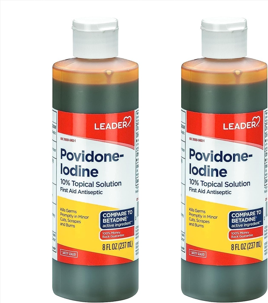 Leader Povidone Iodine 10% Prep Solution USP, Erste Hilfe Antiseptic Wound Cleanser, Wound Wash, Antiseptische Seife (8 Fl Oz, Paket von 2)