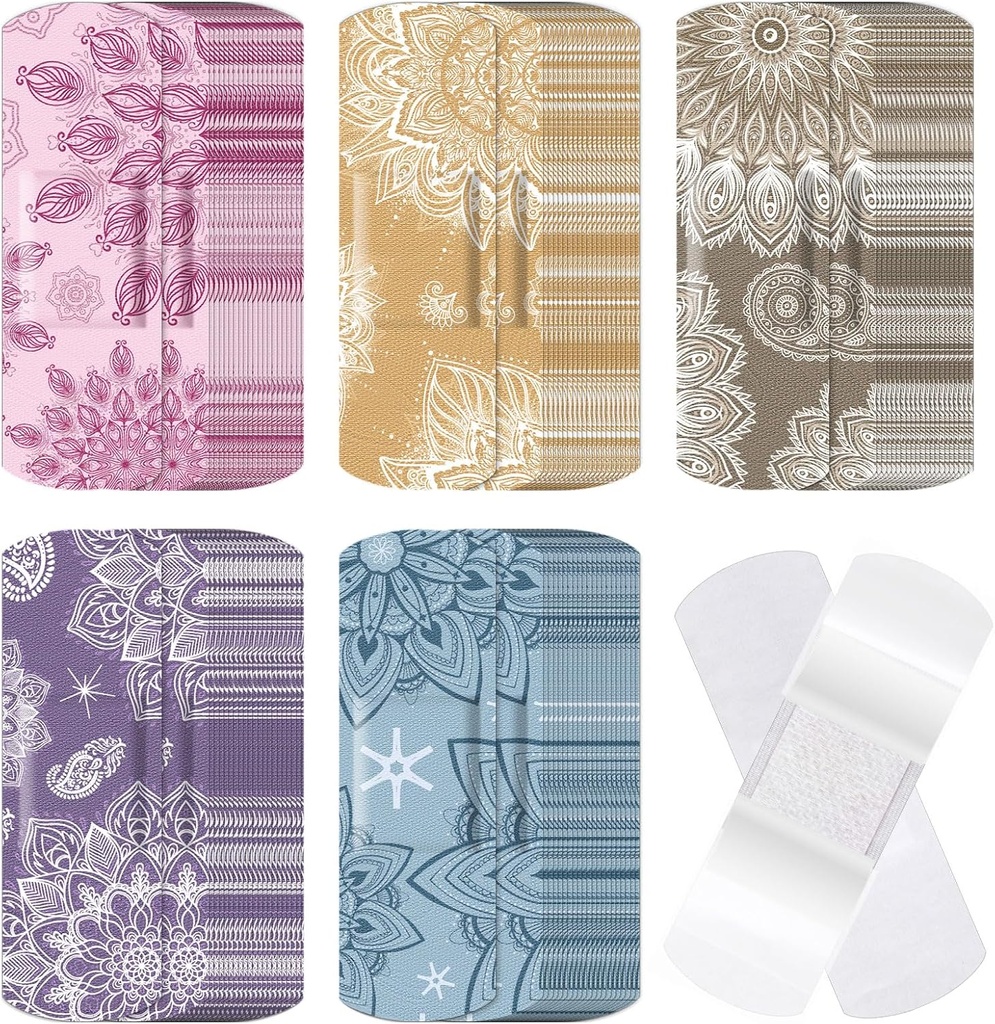120 Stück Stoff Klebstoff Flexible Bandagen Bulk sortierte Formen und Muster Kleine bunte schöne Stoff Bandagen mit Non Stick Pad 3 x 1 Zoll für Schnitte Wound Scrapes Women(Mandala)