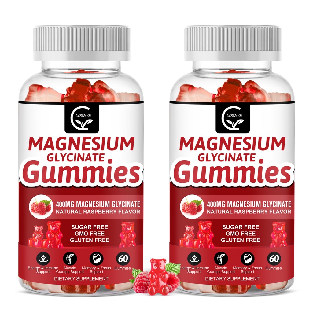 Magnesium Glycinate Gummies 400mg, Mg Kaliumergänzung mit Chelat Magnesium Malat Complex, Vitamin D, B6 und CoQ10, Unterstützung für Gedächtnis, Ruhe, Stimmung & Schlaf - 60 Zähler (Pack von 2)