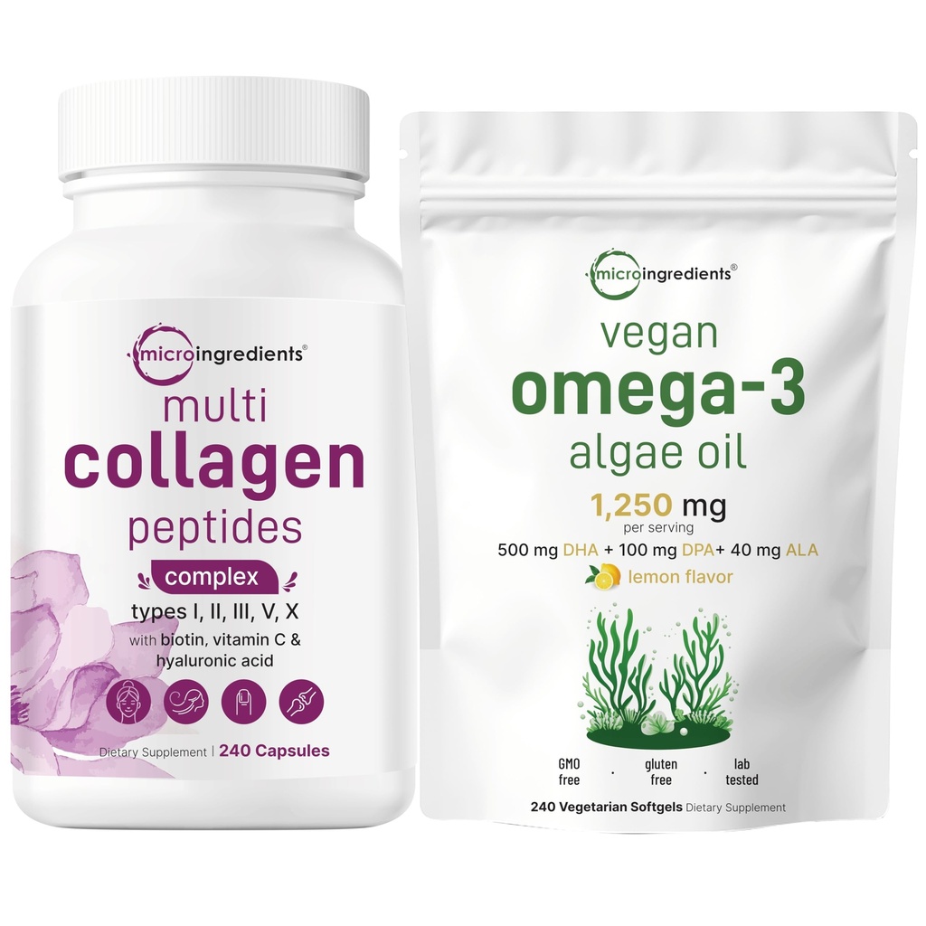 Micro ingrédients Multi Collagène complexe et végétalien Omega 3 supplément d'huile d'algues Pack 2