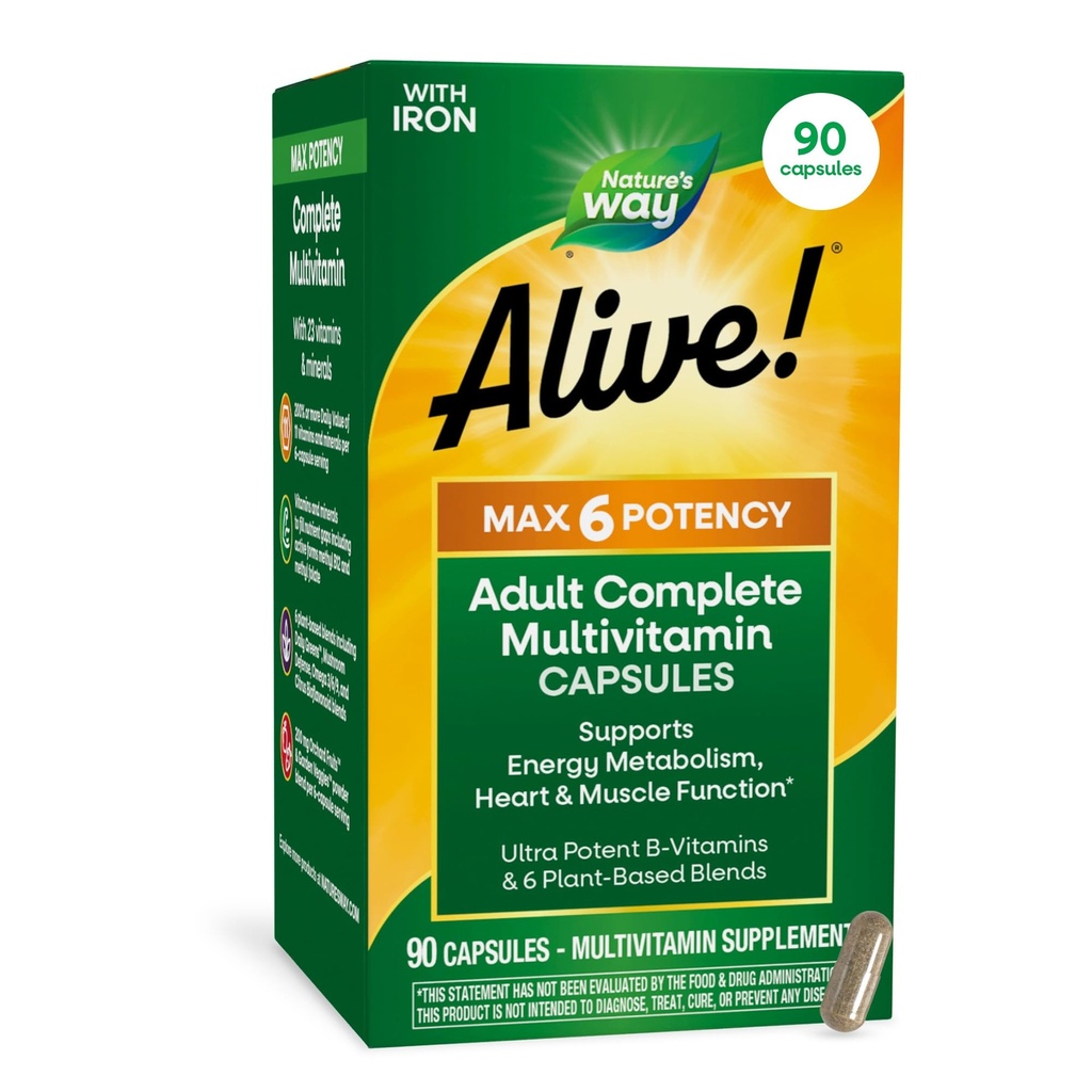 La nature est vivante ! Max6 Potence Adulte Multivitamine complète, avec le fer, les vitamines A, C, E et B-vitamines incluant le B12 et le folate méthylé, soutient le métabolisme énergétique*, 90 capsules (paquetage mai Vary)
