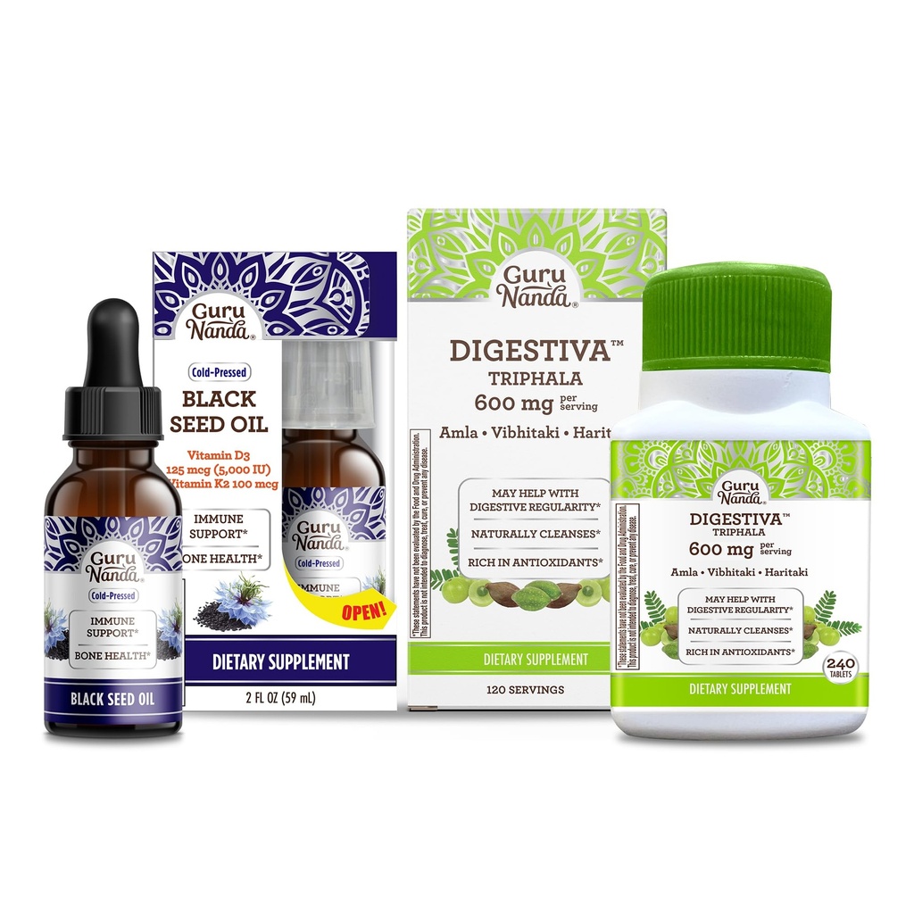 GuruNanda Black Seed Oil, Nigella Sativa pressée à froid - Riche en vitamine D3 5000 Unités et Digestiva Triphala (240 comprimés), soutient la digestion, aide à la congélation