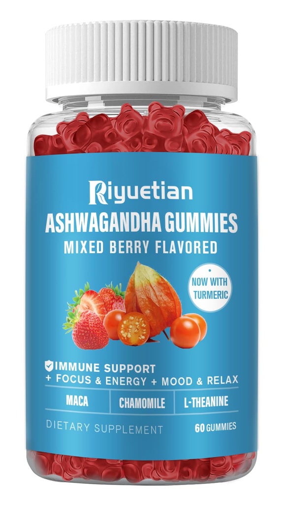 Gummies Ashwagandha pour les femmes et les hommes - Stress Relief, Immune Support & Augmentation de l'énergie - Sans sucre, Vegan - Suppléments de racine Ashwagandha biologique Gummy- Fraise naturelle Flavor (60 comte)