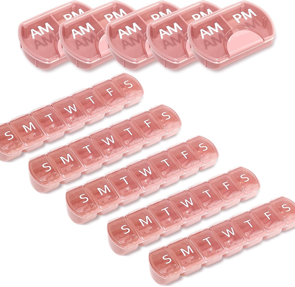 10 Pack (Semaine et jour), 2 fois par jour (AM/PM) + Organisateur de pilules de 7 jours, planificateur de vitamines, ensemble de pilules de grande capacité, cas de pilule de voyage pour médicaments/vitamines/huiles de poisson/compléments, rose