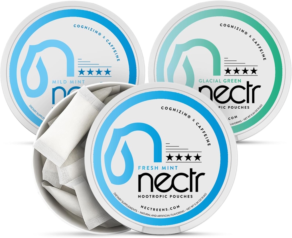 Nectr Energy Nootropic Pouches Mint Mix - Caffeine Pouches mit Cognizin Citicoline. 3 Flavors: Mild und frisch Mint und Glacial Green. Zuckerfrei, Nikotin Freie Beruhigung Fokus & Energie-Ergänzung