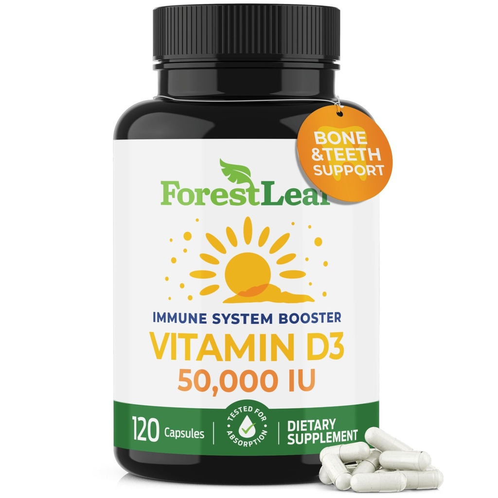 ForestLeaf Vitamin D3 50.000 IU | VIT D - VIT D3 Vitamin D Beilage für Frauen und Männer | Knochen Gesundheit, Zähne, Immununterstützung | Einfach zu schlucken Pillen | Hohe Potenz WEEKLY Dose, 2-Jahresversorgung, 120 Caps