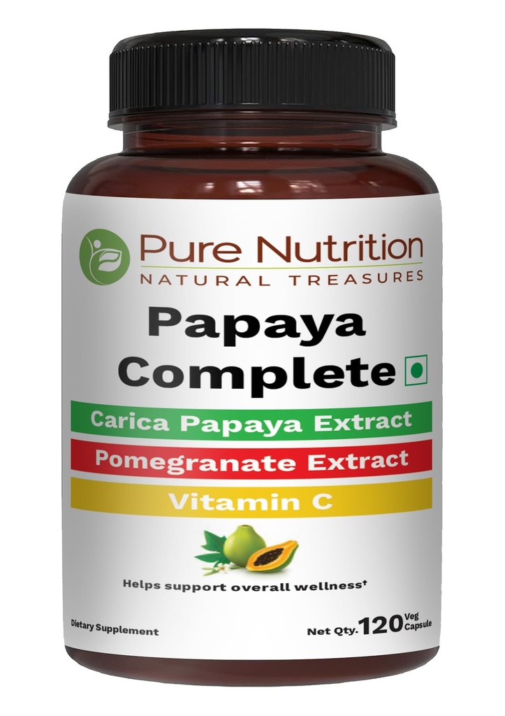 Pure Nutrition Papaya Complete | 120 Caps | Carica Papaya Blatt Extrakt mit Eisen, VIT C, VIT A & Folsäure | Unterstützt Platelet Immunität & Digestion Non-GMO | Gluten-Free