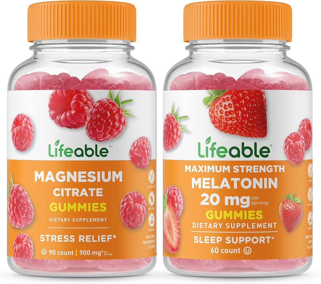 Magnésium Lifeable + Melatonin 20mg, Gummies Bundle - Grande dégustation, supplément de vitamine, sans gluten, sans OGM, gummy à croquer