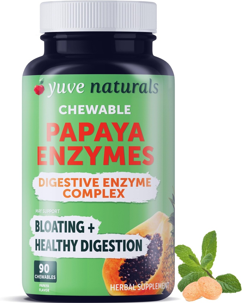 Yuve Natural Papaya Verdauungsenzyme - Sugar-Free Chewable Candies - Fördert bessere Verdauung - Behandlung und Bloating Aid, Detox, Leaky Gut Repair & Gas Relief - Vegan, Non-GMO, Gluten-Free - 90ct