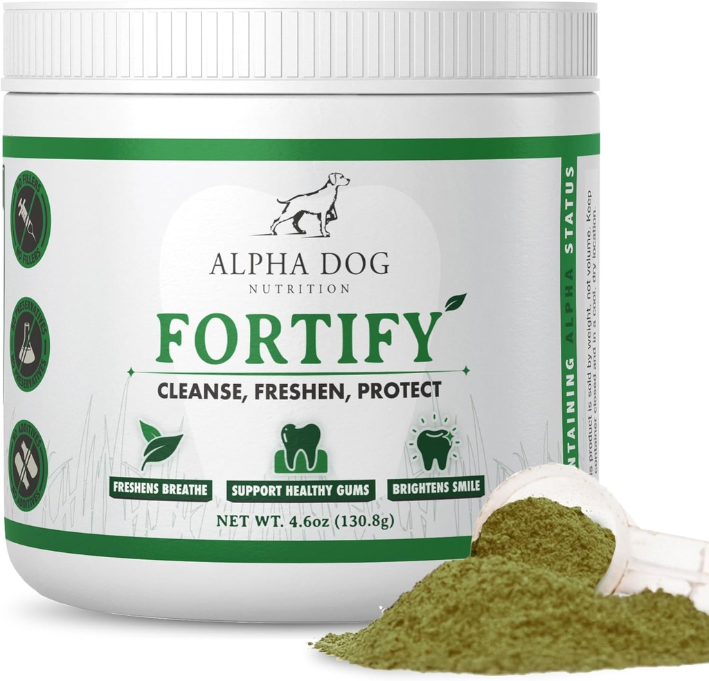 Dog Teeth Cleaning Powder - Fortify Dental Powder for Dogs - Plaque Remover and Freshens Bad Breath mit frischen grünen Beilagen - Enthält Kelp, Probiotics und andere Zahnreinigung Zutaten