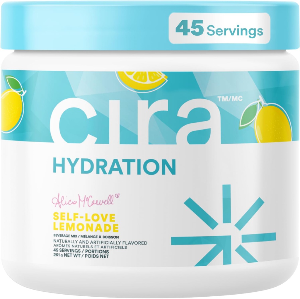 Poudre d'hydratation de cira x Alicia McCarvell's Electrolyte Drink Mix avec sel himalayen pour le soulagement et la récupération de la déshydratation - Lemonade d'amour-propre, 45 portions