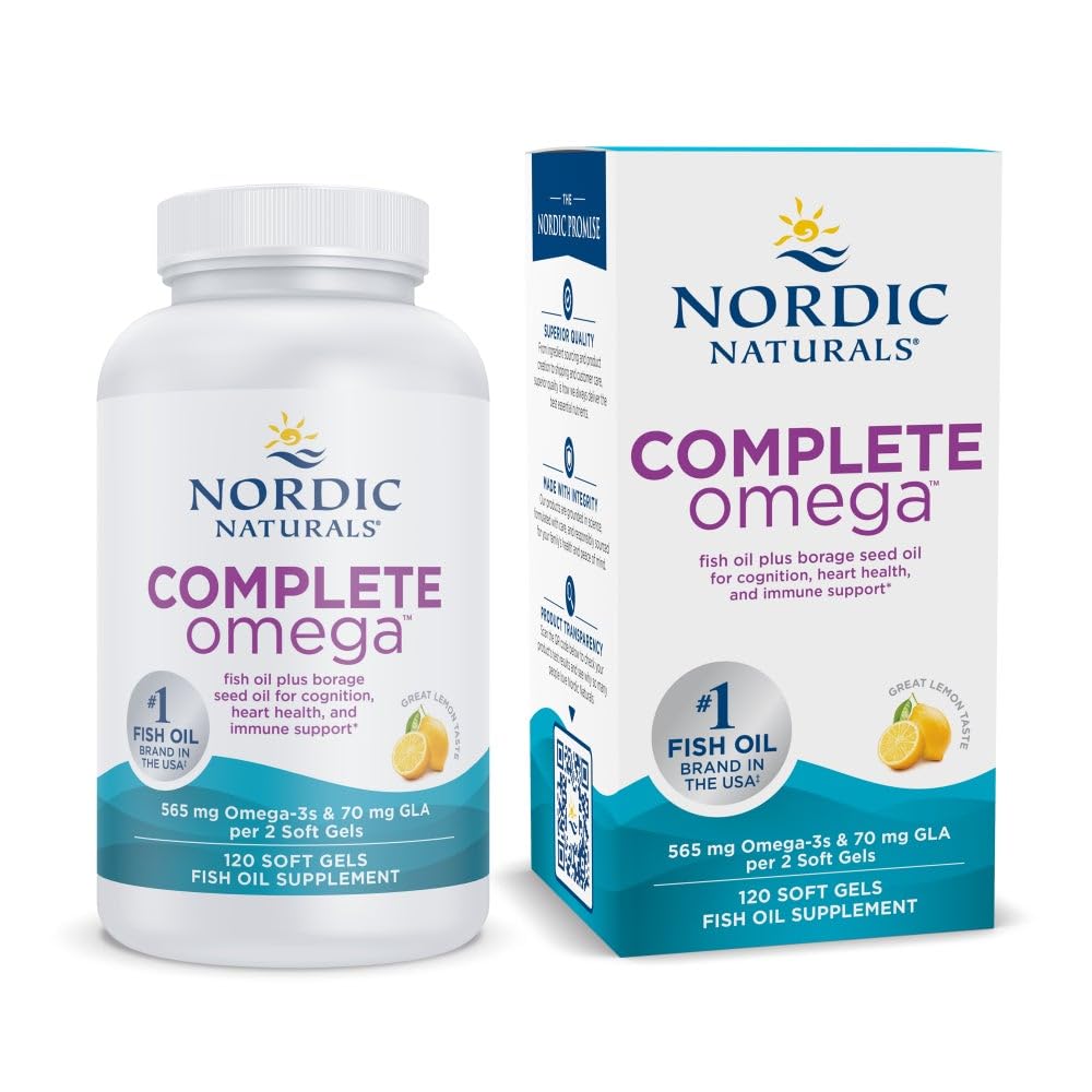 Nordic Naturals Complete Omega, Lemon Flavor - 120 Soft Gels - 565 mg Omega-3 - EPA & DHA mit Hinzugefügt GLA - Gesunde Haut, Kognition, Positive Stimmung - Non-GMO - 60 Servietten