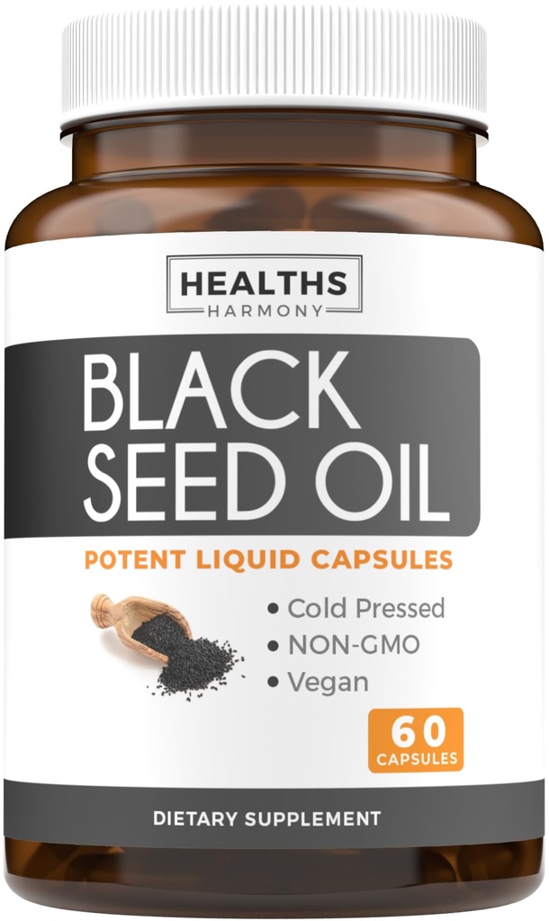 Black Seed Oil - 60 Softgel Kapseln (Non-GMO & Vegan) Premium Kaltgepresste Nigella Sativa produzieren reines schwarzes Cumin Samenöl mit Vitamin E - 500mg Jede, 1000mg pro 2 Kapsel Servieren