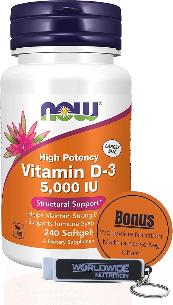 Weltweite Ernährung Jetzt Nahrungsergänzungsmittel Vitamin D3 5000 IU Softgels - Hohe Potenzformel für strukturelle Unterstützung D 240 Count Vitamin, Organic & keychain