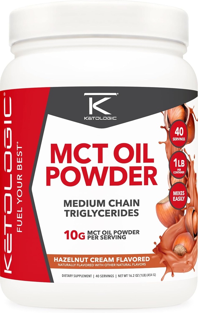 Ketologic MCT Öl Pulver Haselnusscreme (1 LB) – Keto Coffee Creamer & Energy Support – 41 Servierungen von Medium Chain Triglyceride für Fokus & Kraftstoff