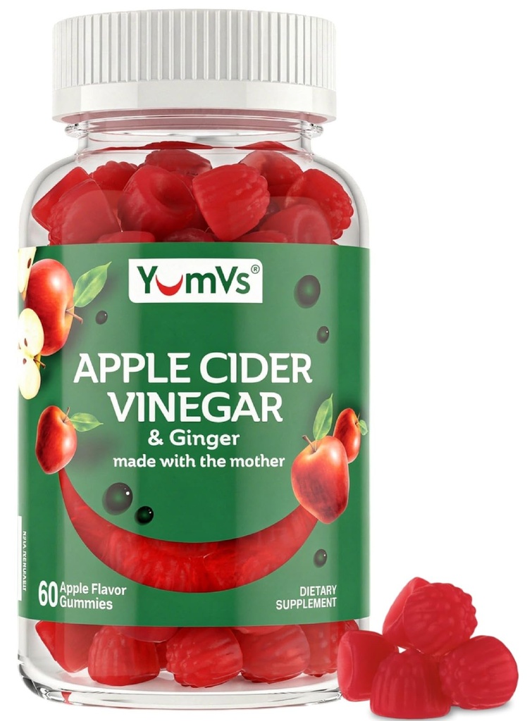 YUM-V'S Apple Cider Essiggummis – ACV Gummis mit Ginger & The Mother – unterstützt Stoffwechsel, Vitalität & Daily Wellness – Natürliche Apfelschlamm Vegan, Non-GMO, Glutenfrei, Cider Gummy – 60 Count