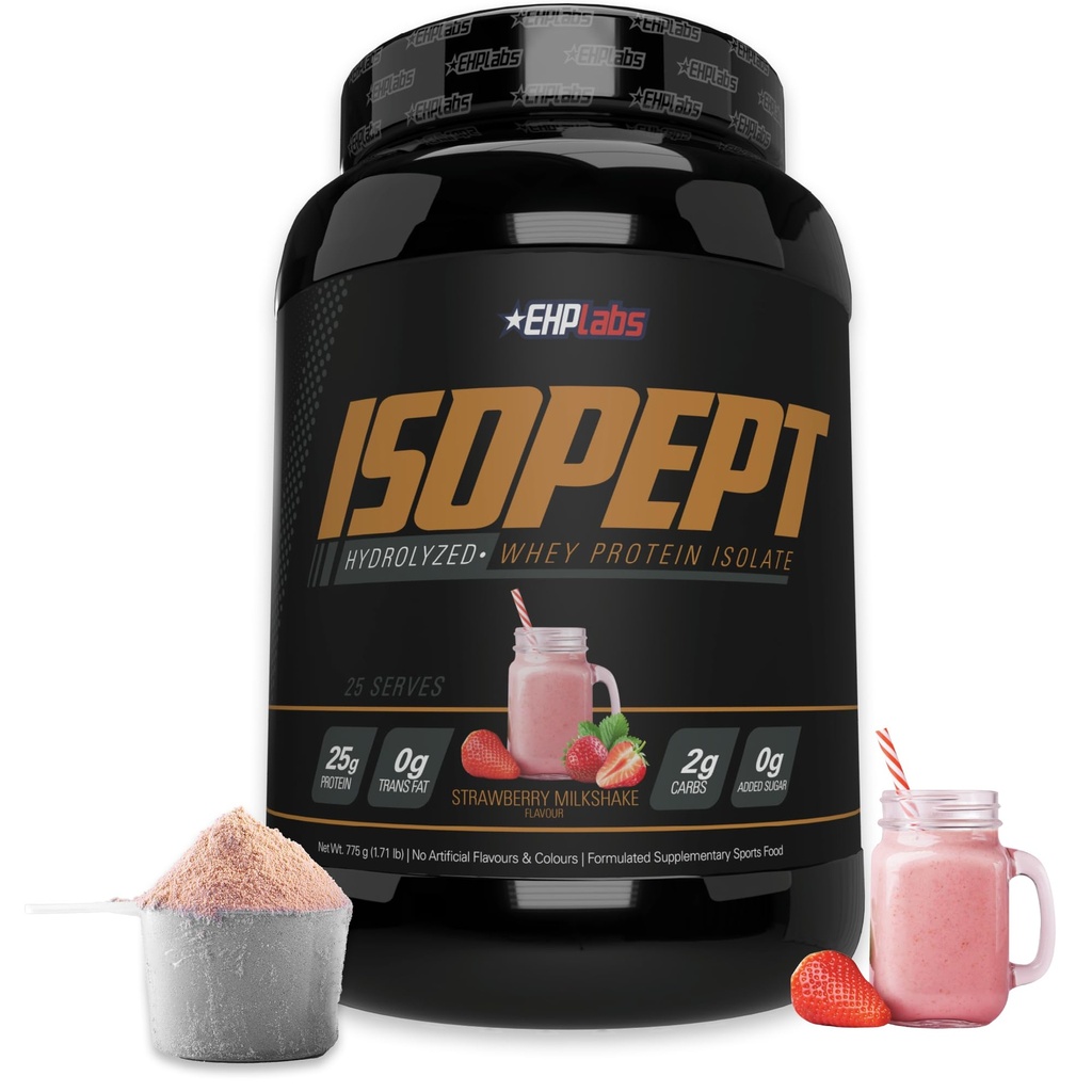 IsoPept Hydrolysed Whey Protein Powder by EHPlabs - 100 % Whey Protein Isolate & Hydrolysate, 27g de protéines, non-OGM, sans gluten, absorption rapide, digestion facile, 27 portions (Strawberry Milkshake)