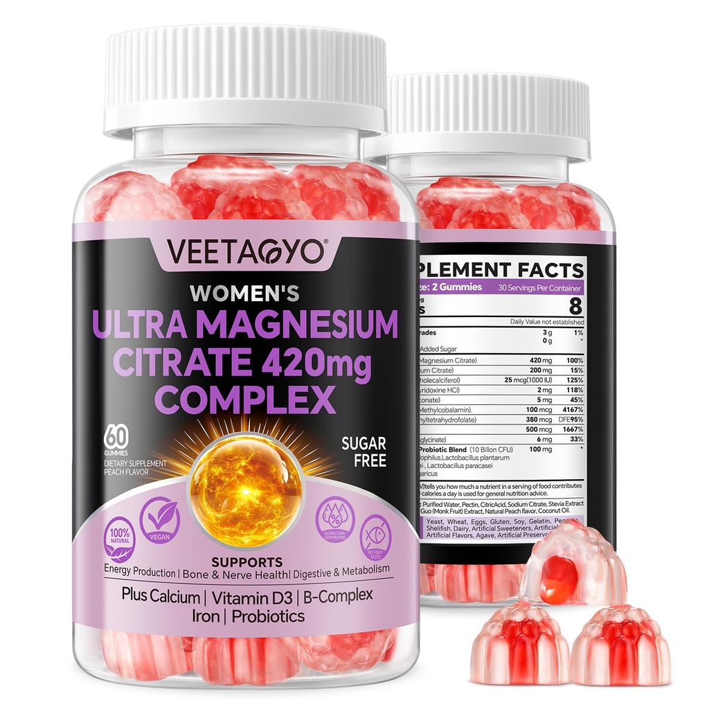 Magnesium Citrate Gummi 420mg für Erwachsene - Dual Layer - w/10 Billion CFU - 5 Strains Probiotics & Calcium, D3, Biotin, Eisen, B6, B12, Folate, Unterstützung für Knochen, Nerve, Entspannung, Muskel - Vegan 60Cts