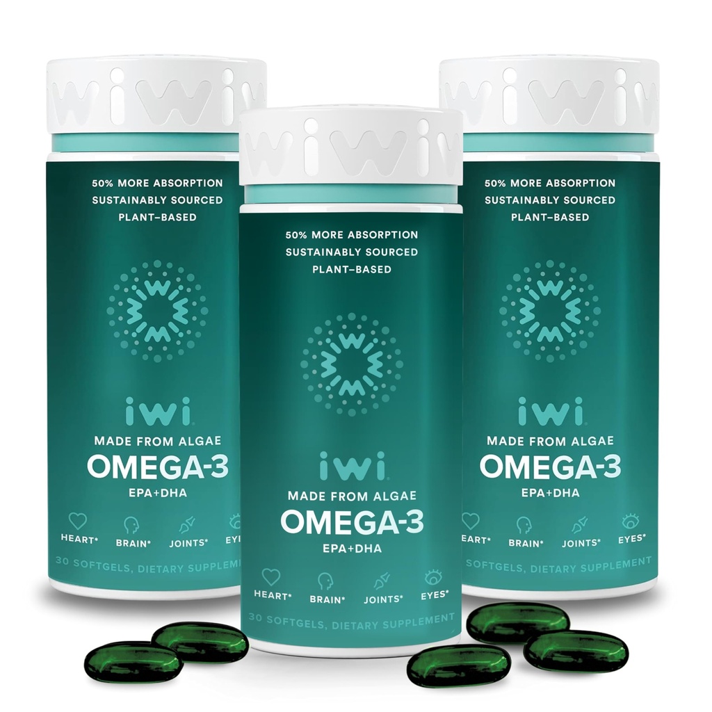 Iwi Omega-3, 90 Softgels (90 Servierungen), Vegan Pflanzenbasierte Algen Omega 3 mit EPA + DHA, Ganzkörper-Unterstützung Nahrungsergänzung, Krill & Fisch Öl Alternative, Keine Fisch Nachgeschmack