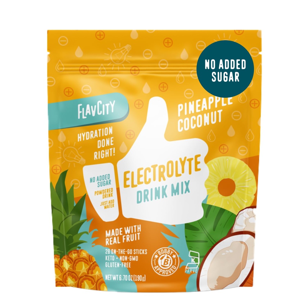 FlavCity Ananas Coconut Electrolytes Powder Packets - 28 Packets d'hydratation - Pas d'ajout de sucre - Poudre d'hydratation avec de vrais fruits et sel de mer non raffiné - Kéto et sans gluten (28 Stick Packs)