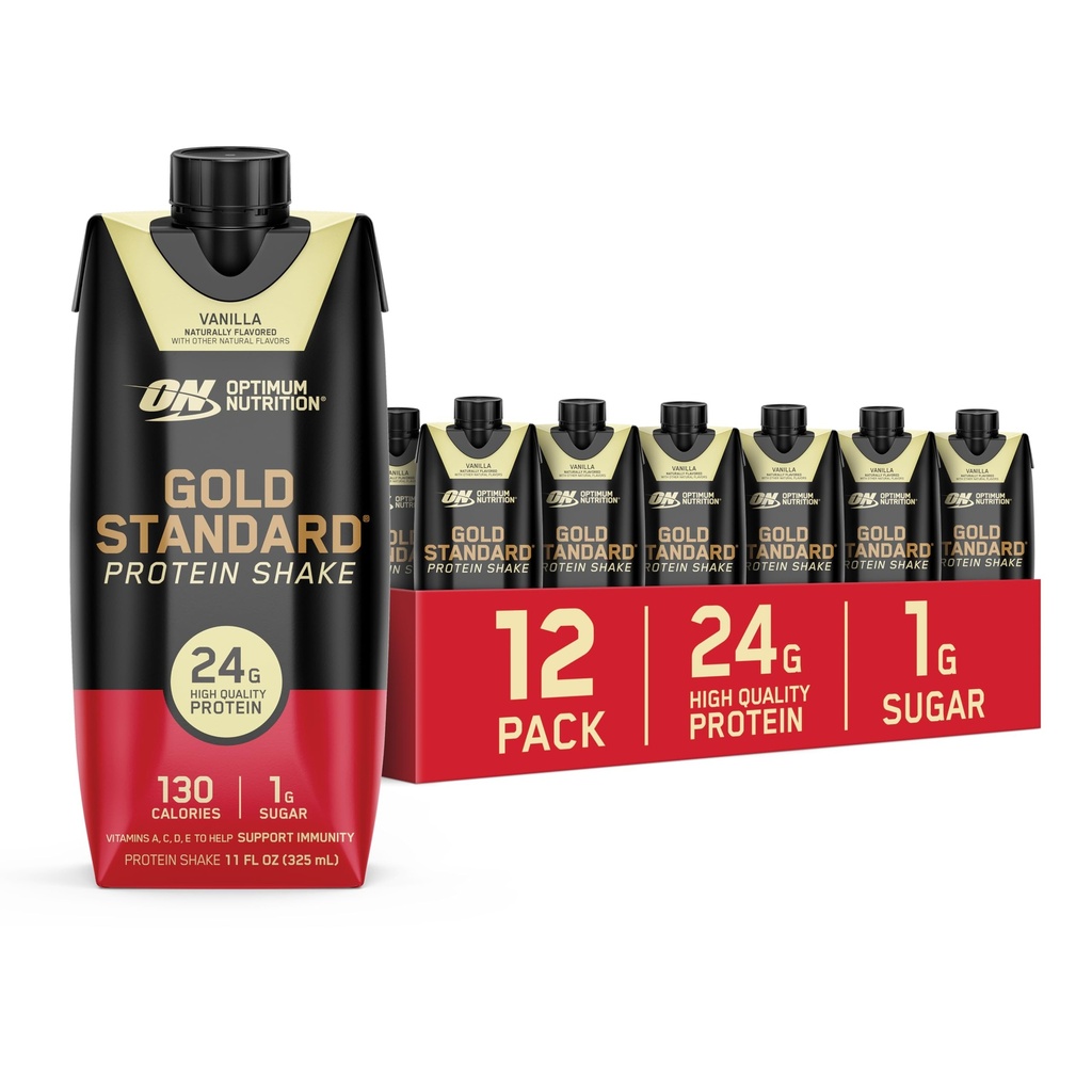 Optimum Nutrition Standard Gold Protein Shake, 24g Protein, Prêt à boire Protein Shake, sans gluten, vitamine C pour le soutien immunitaire, Vanille, 11 Fl Oz, 12 Compte (paquet de 1) (paquet de mai Vary)