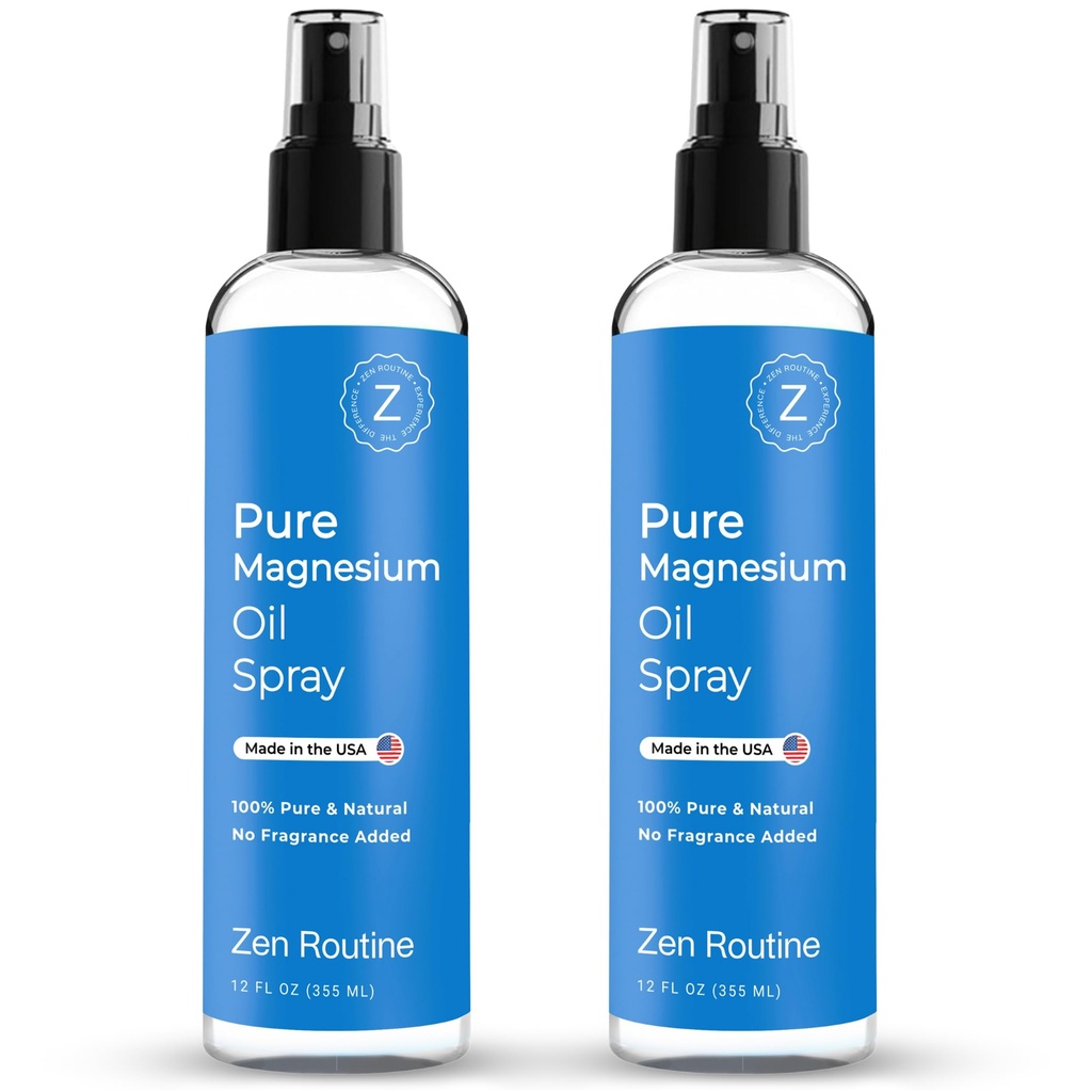 Spray d'huile de magnésium pur 12oz (2 pack) – Spray de magnésium biologique USP, Glycinat de magnésium topique, huile de magnésium pour pieds, corps, muscles et crampes de jambes – Fabriqué aux États-Unis