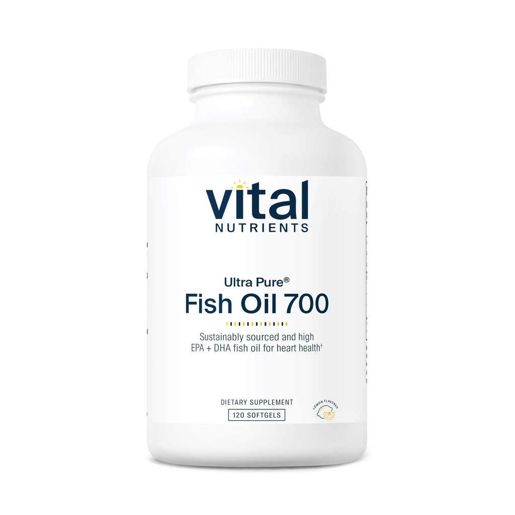Vital Nährstoffe Ultra Pure® Fischöl 700 | Unterstützt Herz, Gehirn und Gelenke Gesundheit* | Sustainable Sourced High EPA & DHA Omega-3-Fettsäure | Lemon Flavor | Gluten, Dairy & Soy Free | 120 Softgels