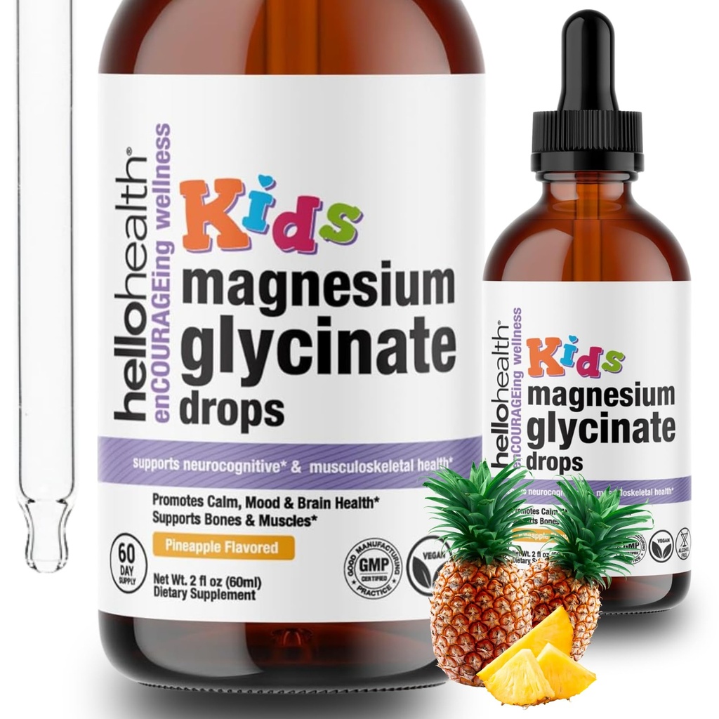 Kinder Magnesium Glycinate Flüssige Tropfen – Zuckerfreie flüssige Magnesium Tropfen, Happy Calm für Kinder Berechnung Ergänzung Komplex – Magnesium für Kinder & Nacht Schlaf, Ananas Flavor 2 Fl Oz.