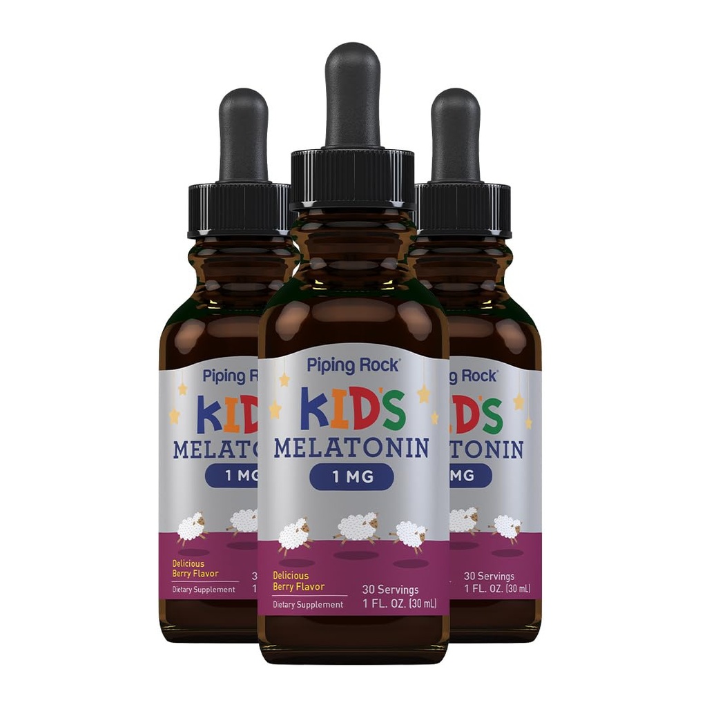 Piping Rock Kids Melatonin Liquid 1 fl oz | 1mg | Packung mit 3 Flaschen | Berry Flavor Drops | Non-GMO, Gluten Free Supplement