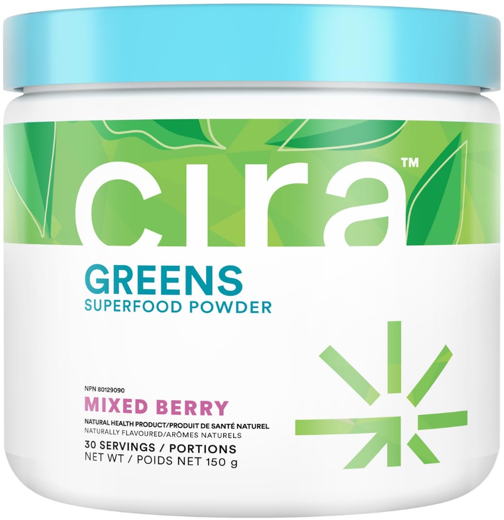 Cira Daily Greens - Poudre de spiruline biologique sucrée naturellement avec des ingrédients de qualité supérieure, antioxydants-rich pour les ballonnements, la digestion et l'énergie - Berry mélangé, 30 portions