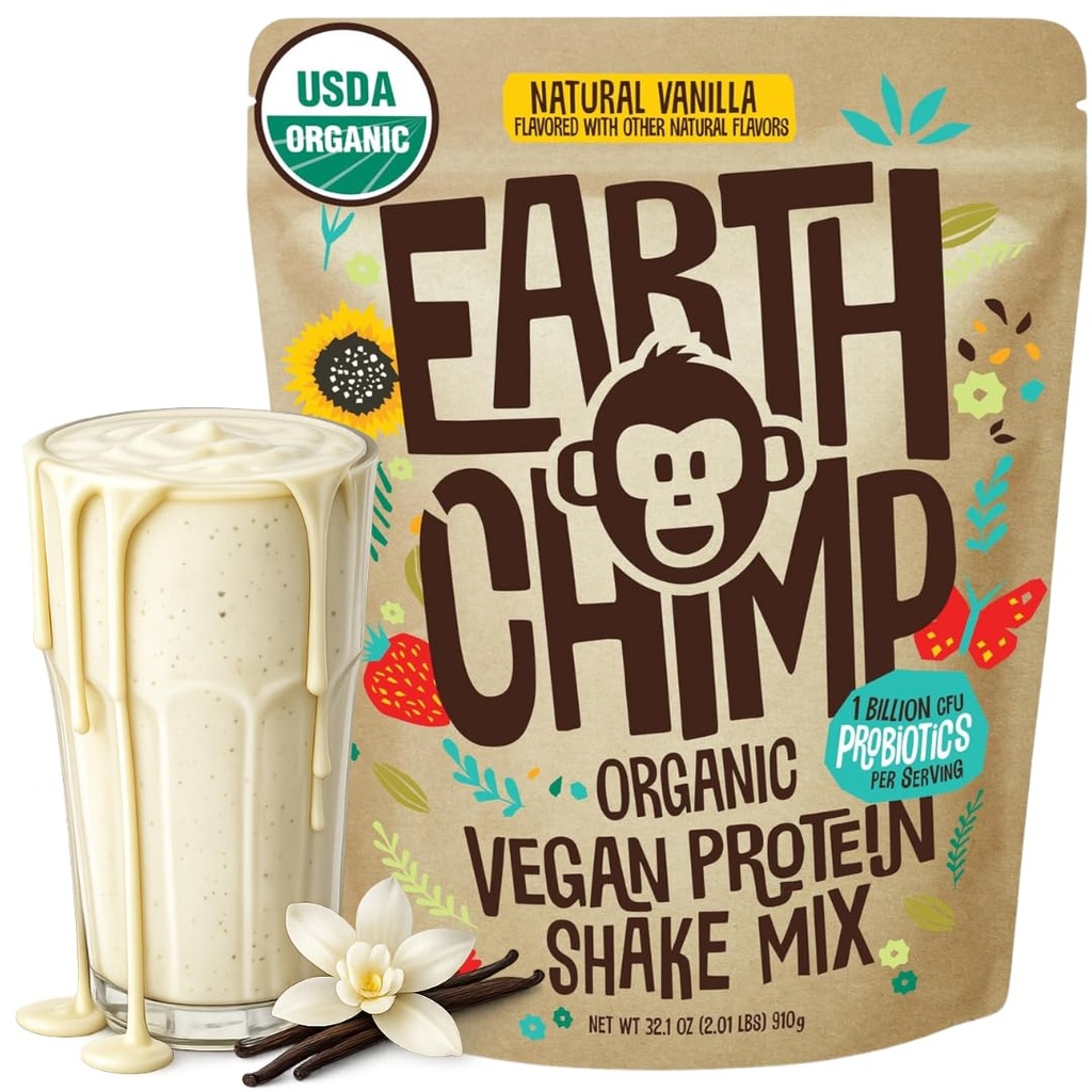 EarthChimp poudre de protéines végétales organiques - avec probiotiques - Non OGM, sans produits laitiers, sans lactosérum, à base végétale poudre de protéines pour les femmes et les hommes, sans gluten - 26 portions 32 Oz (Vanilla)