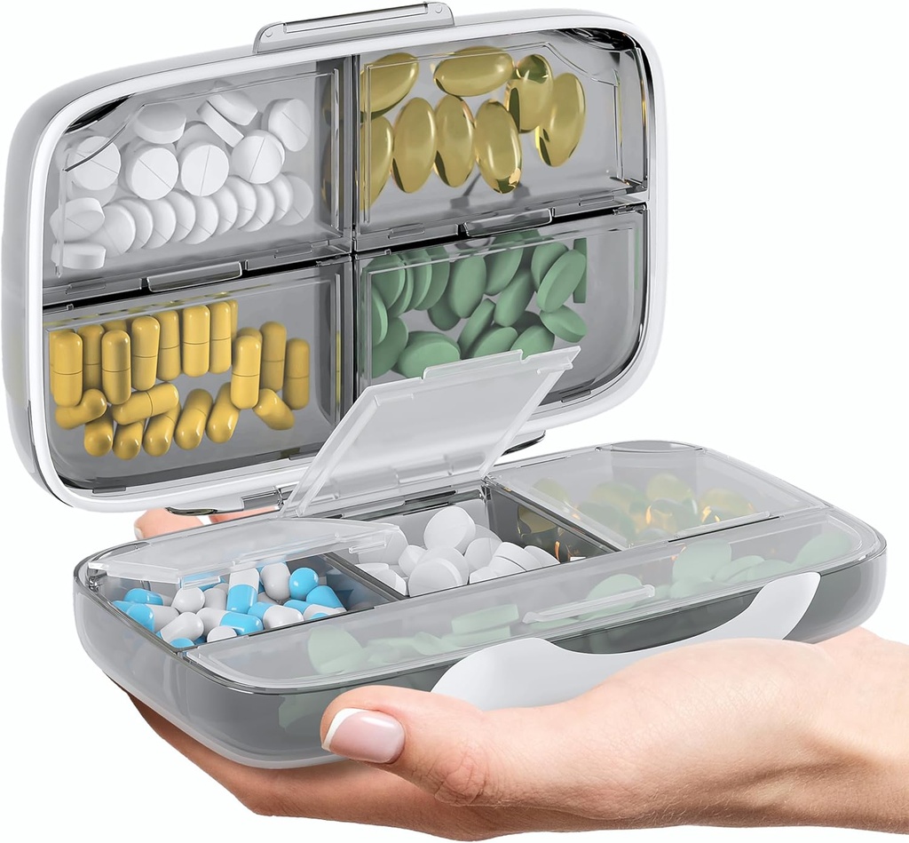 Travel Pill Organizer - luftdichte Medizin Fall für Reisen Portable Pharmacy Box mit Etiketten Vitamin Container 8 Kompartment Supplement Medication Holder Large Capacity Daily (Grey)