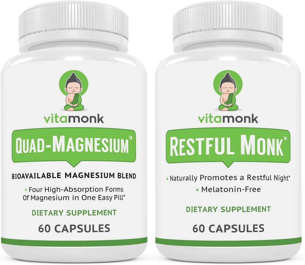 Trousse de sommeil et de relaxation : Aide au sommeil sans mélatonine VitaMonk + mélange de magnésium Quad