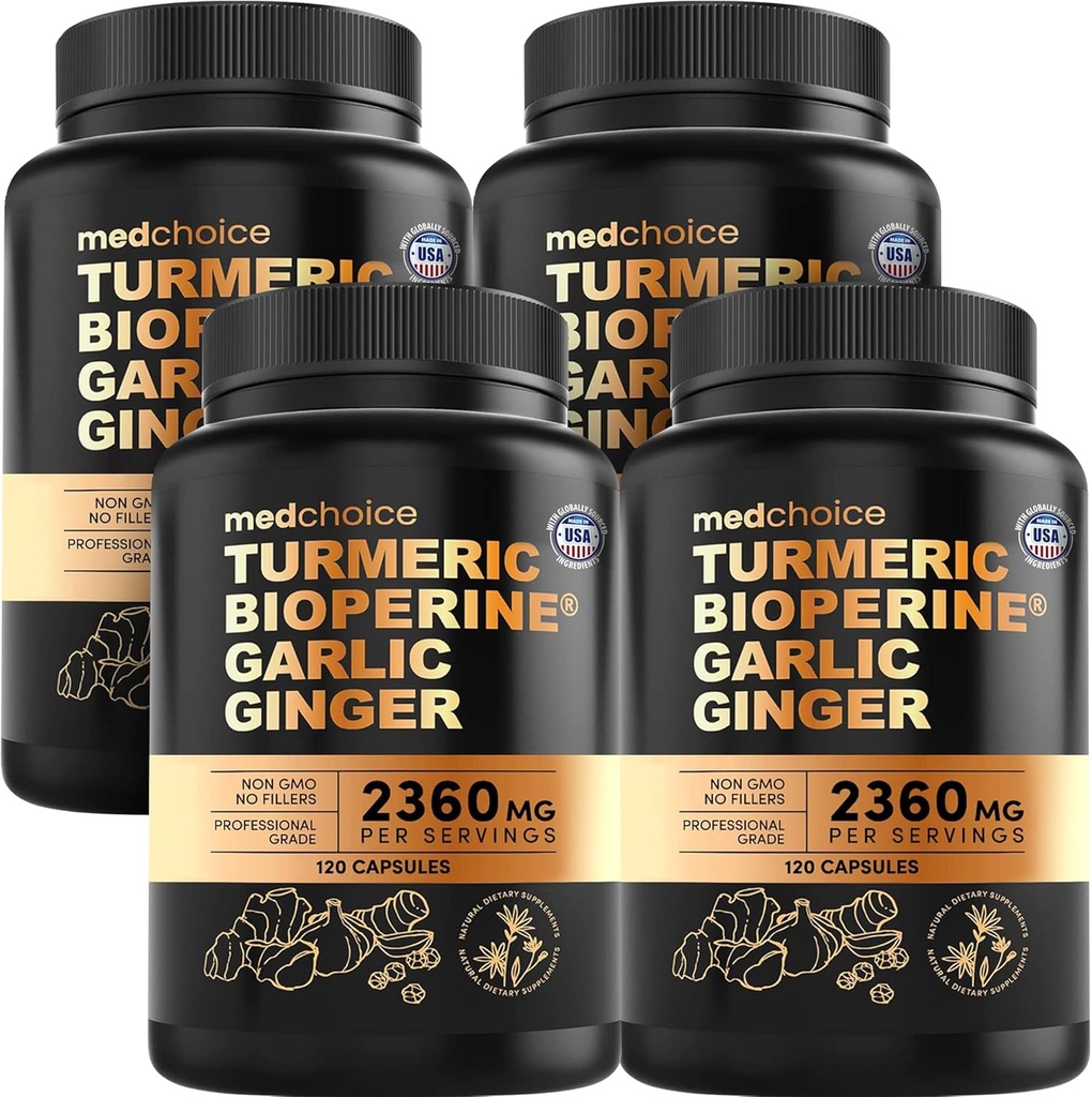 4-in-1-Turm- und Knoblauch-Ergänzungen mit BioPerine – 2360mg Turmeric Ginger Root Capsules mit Knoblauch – High Potency Herbal Blend (120 ct, Paket von 4)