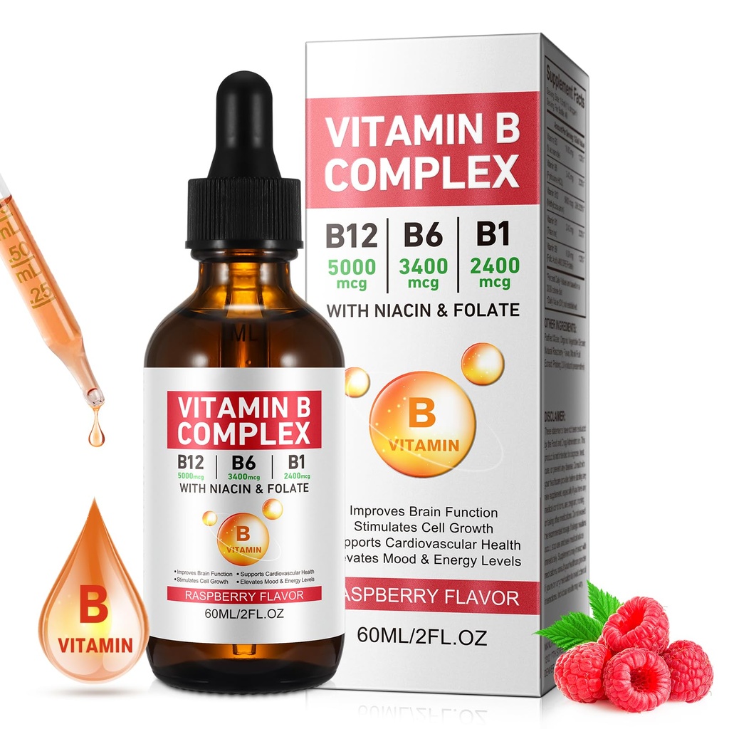 Vitamin B Complex Liquid, Vegan Vitamin B12 Flüssigkeitstropfen | B12 Methylcobalamin | B1 Thiamin | B6 Pyridoxin | Folsäure | Niacin - B Complex Liquid Tropfen, Unterstützung Energie, Gehirn & Herz, 40 Servierungen