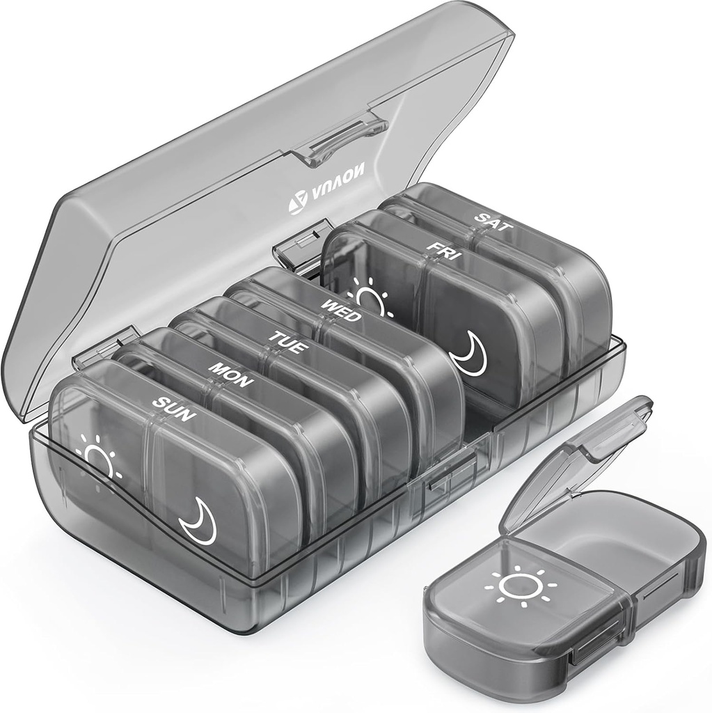 AUVON XL Wöchentliche Pille Organizer 2 Mal pro Tag, Pille Box 7 Tag mit ein-Side großen Öffnungen für leicht zu bedienen, Grau AM PM Pillen Fall für Medikamente, Vitamine, Fischöle, Beilagen