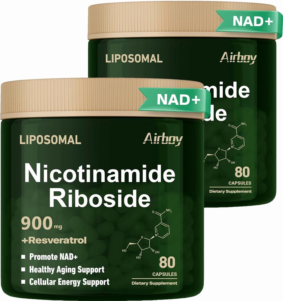 Airboy Liposomal Nicotinamid Riboside 900 mg, NAD Ergänzung mit Resveratrol, NMN Alternative NAD Booster Unterstützung Anti-Aging, Energie, Fokus - 80 Capsulesx 2 Pack