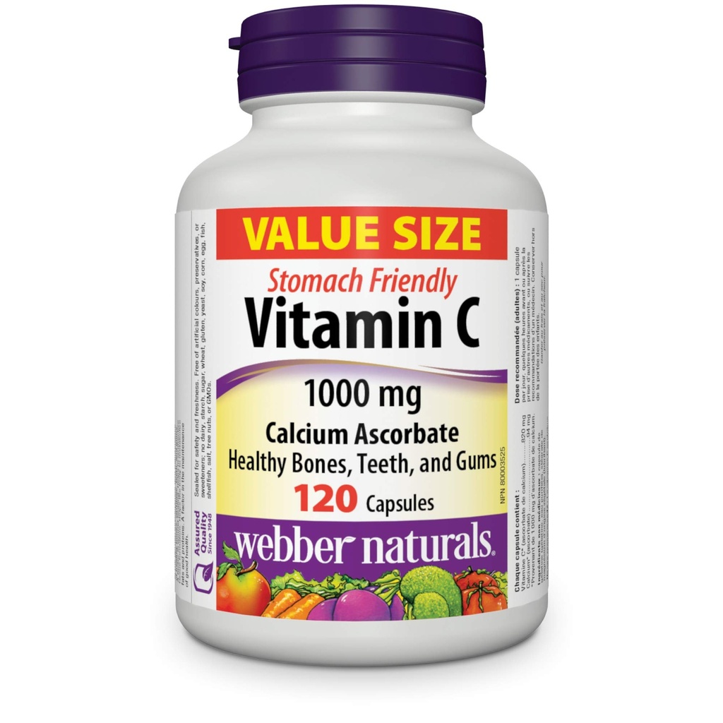 Webber Naturals Vitamine C Ascorbate de calcium 1000 mg · Stomach Friendly, 120 Capsules