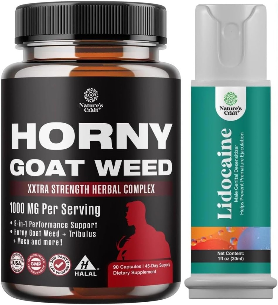 Bundle of Horny Goat Weed für Männer mit Black Maca Root, Tongkat Ali, Saw Palmetto & Panax Ginseng Extract und Lidocaine Desensitizing Topical Spray Climax Control - Boost Endurance und Stamina
