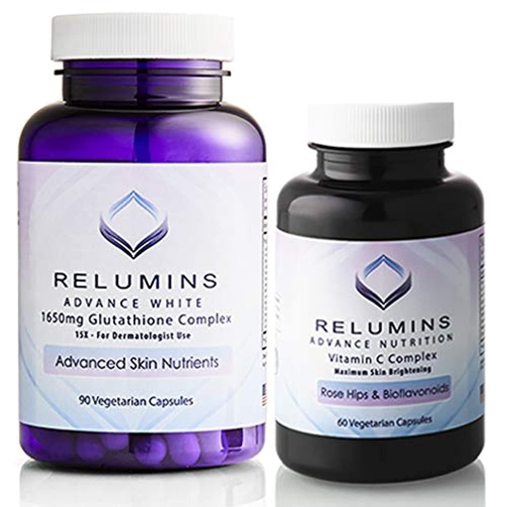 Relumins Advanced White Set - 1650mg Complexe de glutathion (90 capsules) et vitamine C avancée avec HIPS Rose et Bioflavonoïdes (60 capsules)