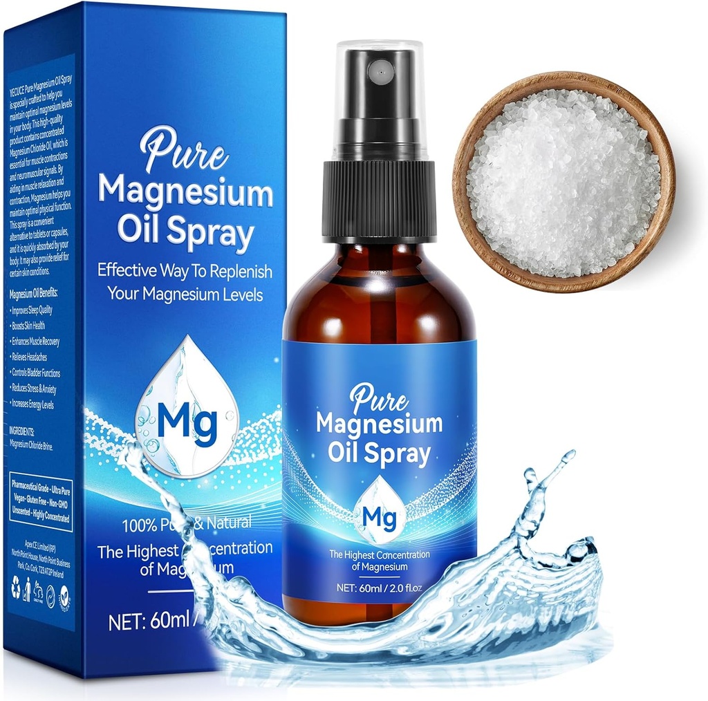 Magnesium Öl Spray, reines Magnesiumöl für Füße,100% natürliche & organische Magnesium-Sprayglasflasche, einfach zu absorbieren und zu verwenden, topische Magnesium-Spray (2 Fl Oz, Packung von 1)