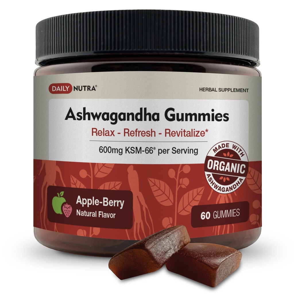 KSM-66 Gummies Ashwagandha - 600mg Extrait de racine biologique par portion - Delicious Natural Apple-Berry Flavor.