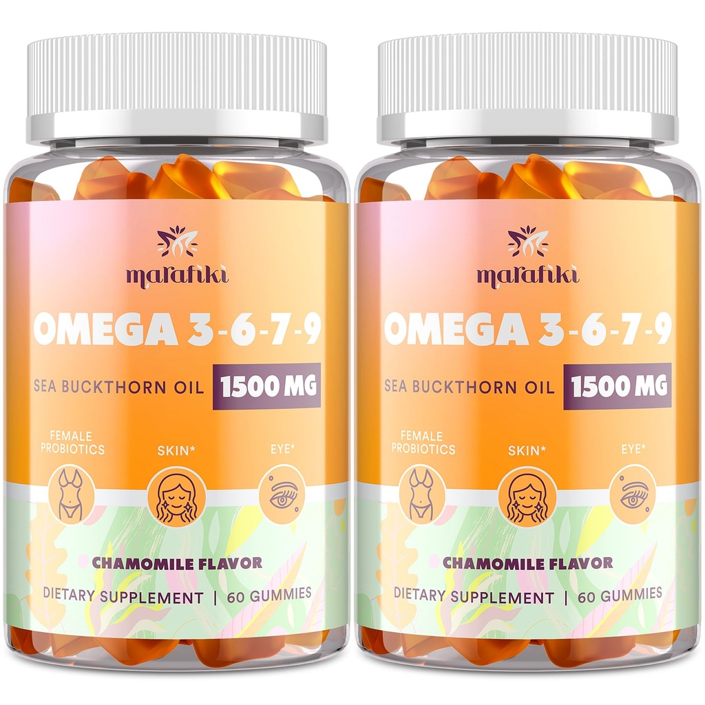 Omega-7 Sea Buckthorn Öl Gummi, Omega 3 6 7 9 Ergänzung für Frauen, Flaxseed Öl, Vitamine E, A & Probiotics - Haut, Auge & Trockenheit, Kamille Flavor - 120 Gummi