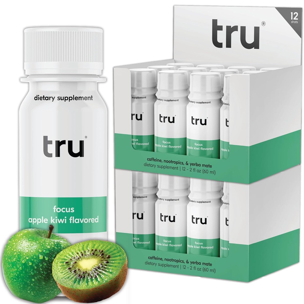 Tru Focus Shot, Apple Kiwi Flavored Extra Strength Energy Shots - Zero Sugar Nootropic Drink plus Adaptogene, Choline und Yerba Mate - Natürliche Koffein, GF, Keto, Vegan Supplement, 2oz (Pack von 24)