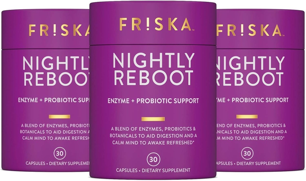 FRISKA Nightly Reboot Enzyme and Probiotics Supplement, Promotes Better Digestion and Sleep, Supports Gut Health for Men and Women, Melatonin, Chamomile, 90 Capsules